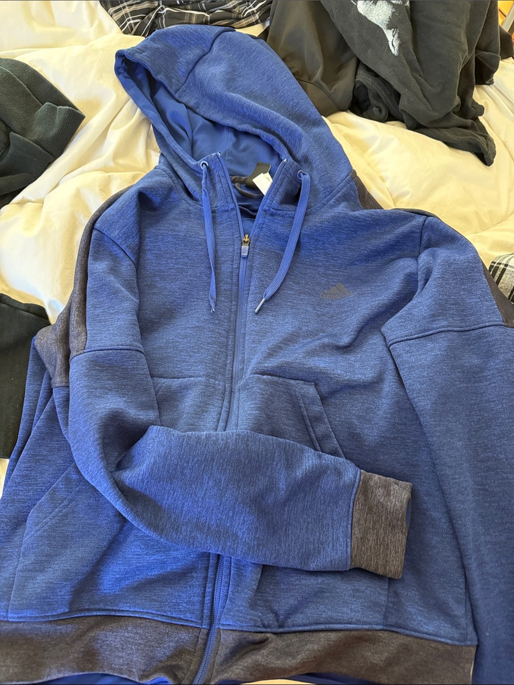 adidas Men's Blue Full-Zip Hooded Jacket with Heathered Trim